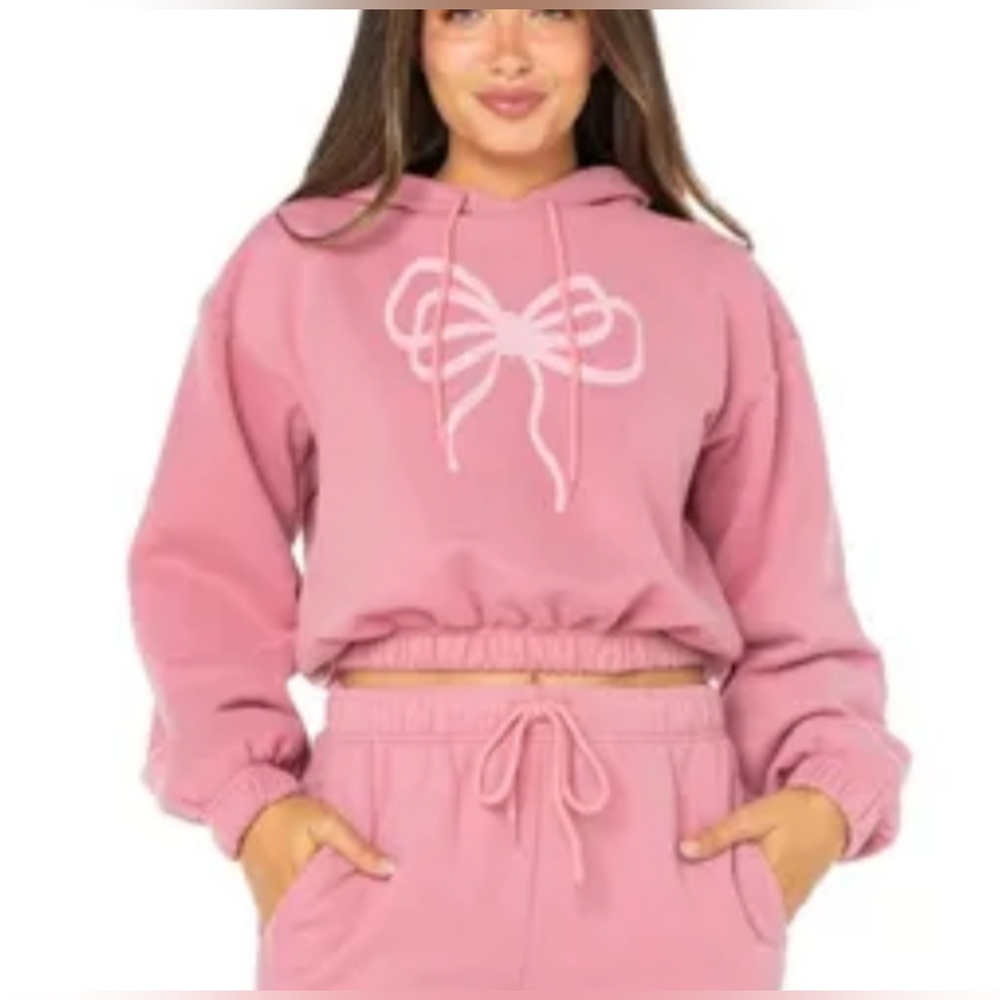 💖 Celebrity Pink Fleece-Lined Cropped Bow Hoodie – Size L 💖